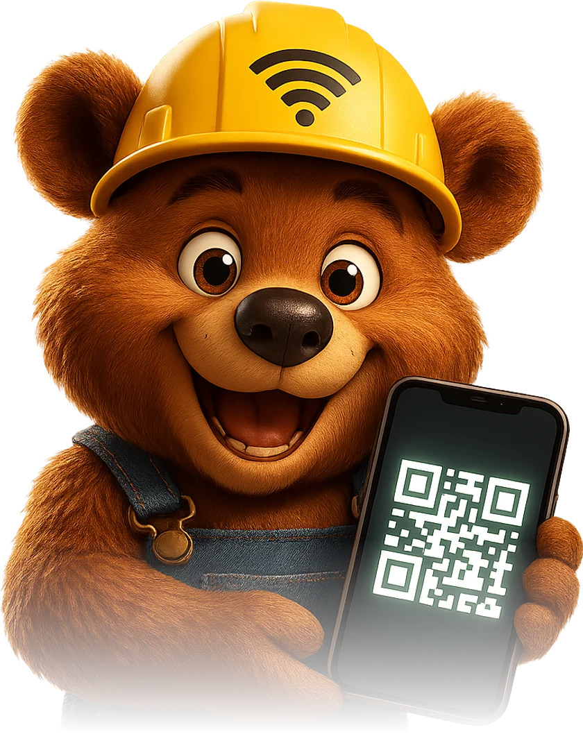 Турбо Мишка показывает QR-код подписки на смартфоне